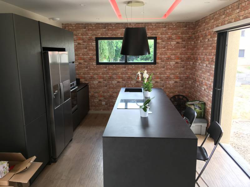 Cuisine avec plan de travail en îlot central à Lyon 6