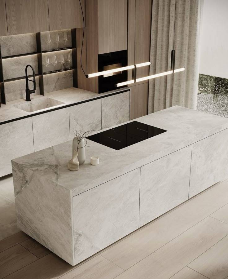 Cuisiniste Lyon 8 : cuisine grise en L avec Dekton nacré